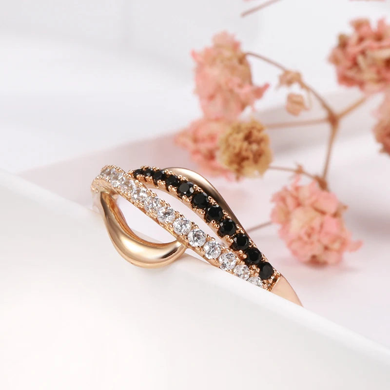 Fashion 2 Rows Black Natural Zircon Rings for Women Luxury 585 Rose Gold Vintage Cross Ring Fine Wedding Jewelry 2021 New