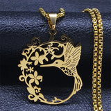 Bird Hummingbird Flower Necklace for Women Men Stainless Steel Gold Color Animal Pendant Necklaces Jewelry Collar Colibri N4626S
