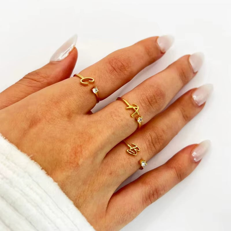 Tiny Initial Letter Rings for Women Stainless Steel A-Z Letters Adjustable Ring Female Christmas Aesthetic Jewelry Bijoux Femme